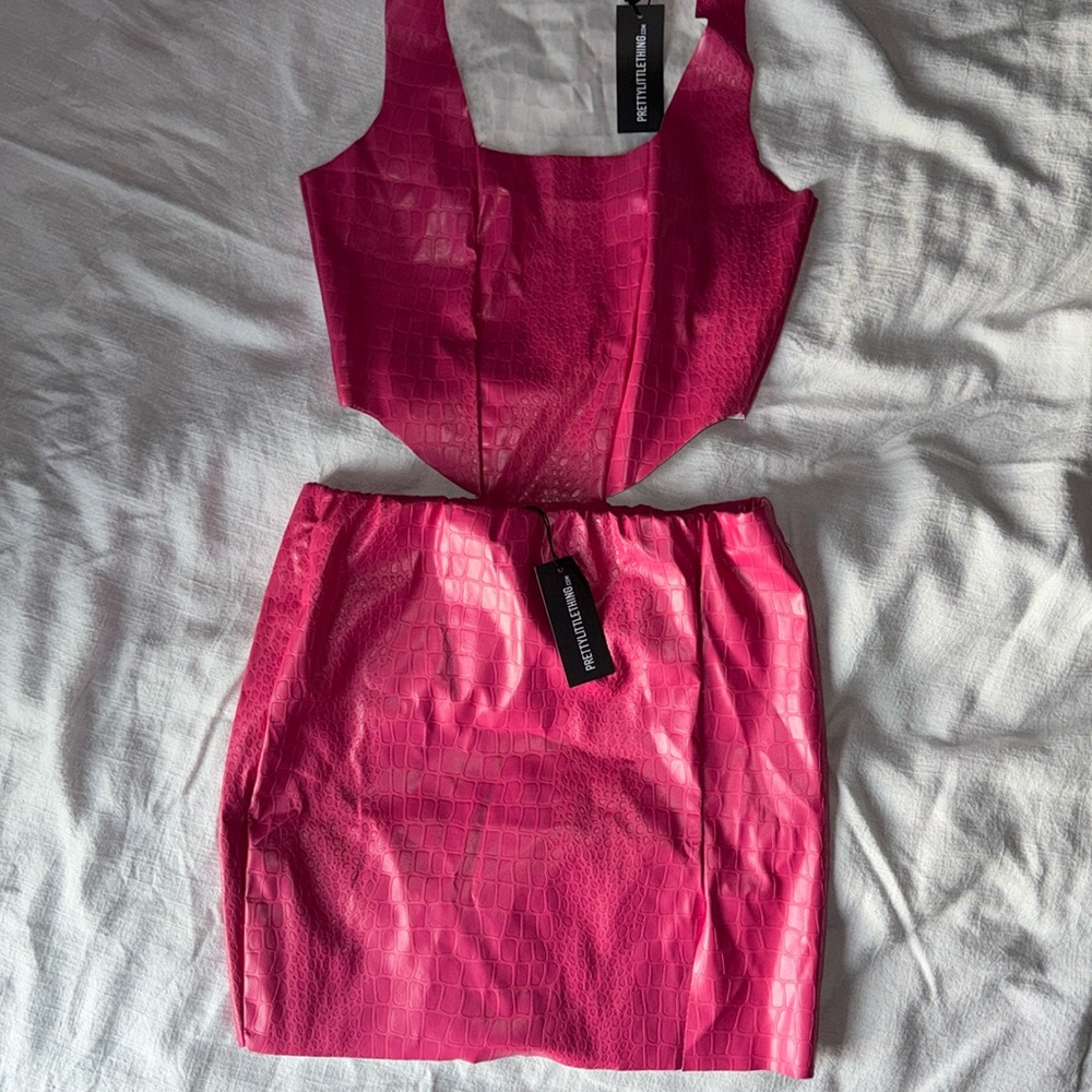 PRETTY LITTLE THING- pink 2 piece set, tank top & skirt, pink crocodile pattern
